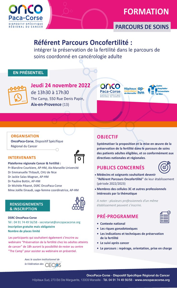 OncoPacaCorse's tweet photo. FORMATION RÉFÉRENT PARCOURS ONCOFERTILITÉ I📅Jeudi 24.11.22
📍The Camp, Aix-en-Provence 
🎯Professionnels de santé : médecins et soignants souhaitant devenir "Référent Parcours Oncofertilité de leur établissement" &amp; membres des cellules 3C et autres professionnels intéressés 👇 https://t.co/3UTyBJ8JF1