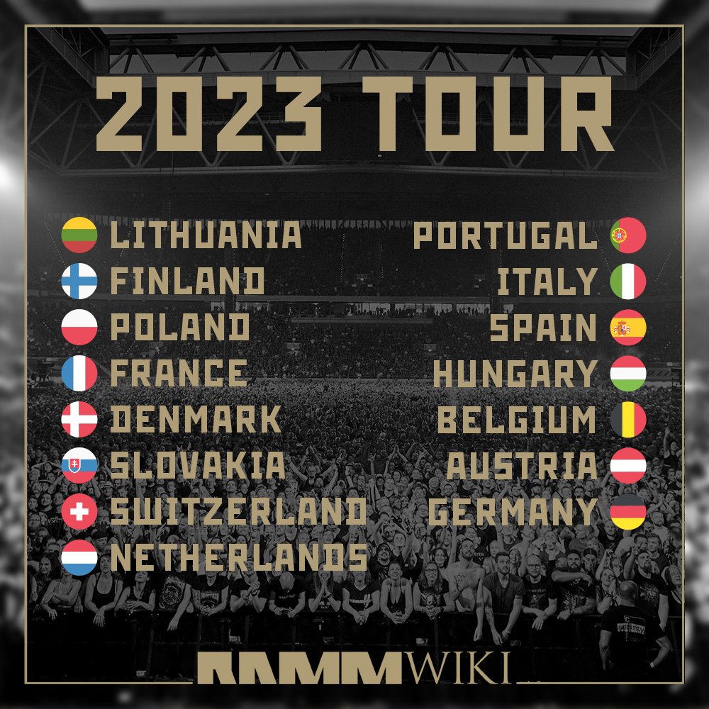 RammWiki's tweet photo. Rammstein announced their 2023 tour in Europe yesterday in Oostende! Here's the list of all the countries that were displayed. It is currently not known if more countries are going to be added, what are the cities or when the tickets will be available. Stay tuned!

📸 Olaf Heine https://t.co/Z2lUtImXrE