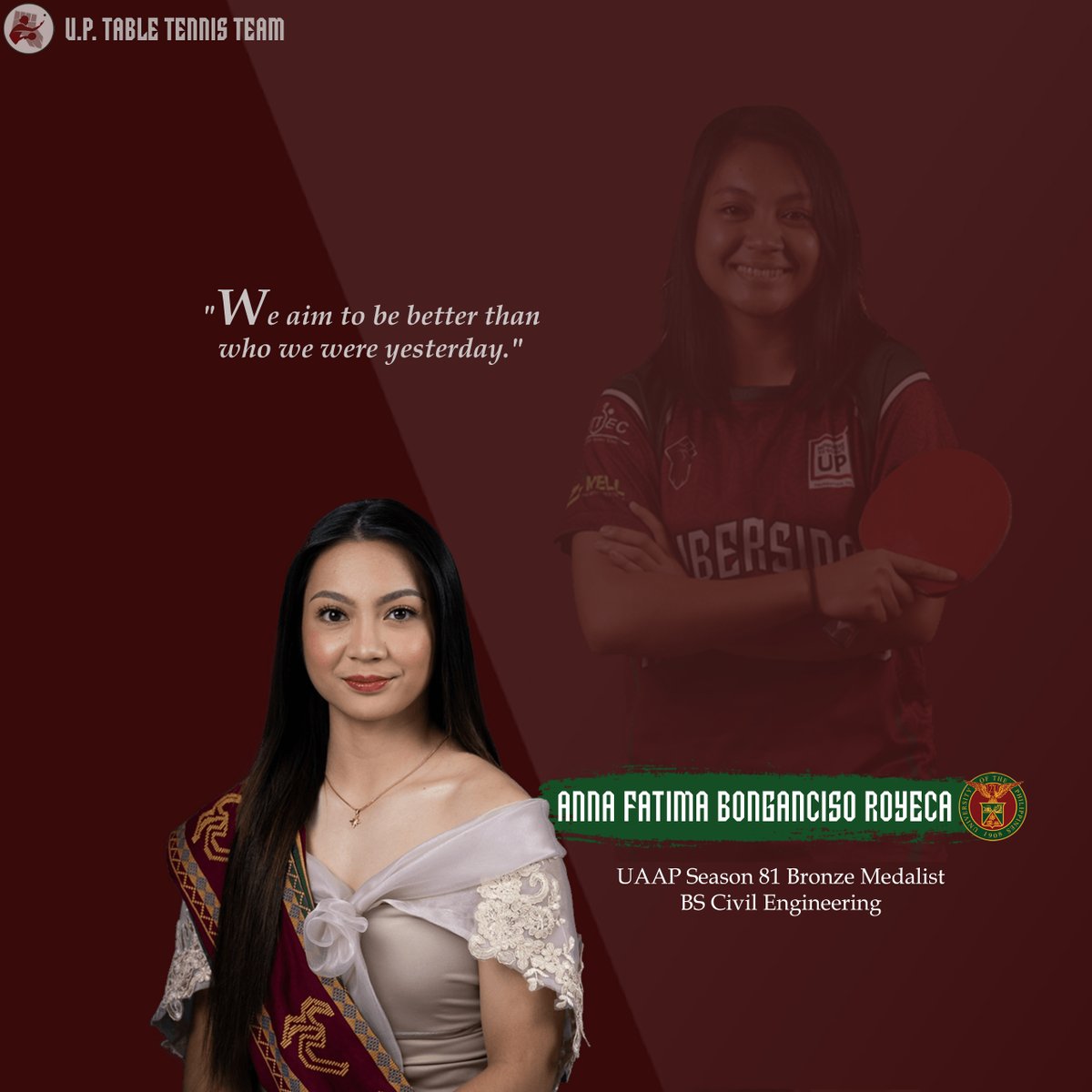 ANNA FATIMA B. ROYECA
2018-xxxxx
UAAP Season 81 Bronze Medalist
UP Women's Table Tennis Varsity Team Co-captain '21-'22
BS Civil Engineering

#UPFight 
#Sablay2022