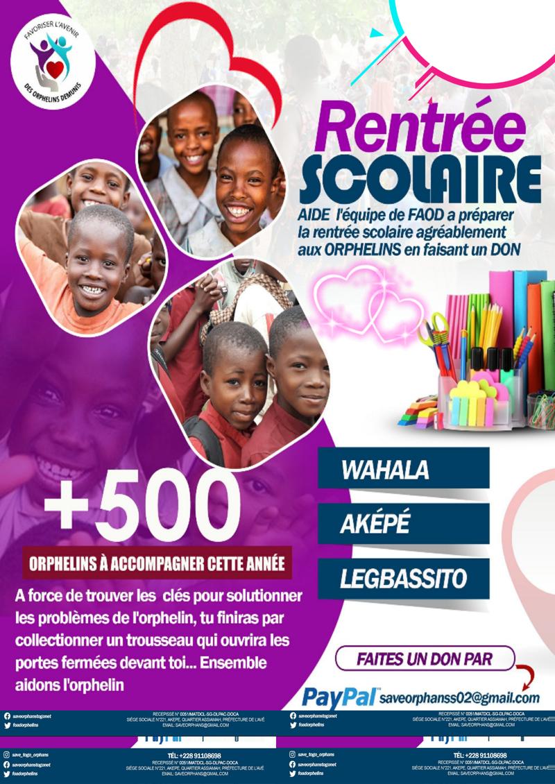 Et si ensemble nous rééditions l'exploit de l'année passée permettant encore une énième fois a un bon nombre d'orphelins de retournés encore sur les bancs d'école pour une bonne éducation garantissant un  avenir meilleur?
Dîtes nous a votre niveau,ce vous pouvez faire pour aider?