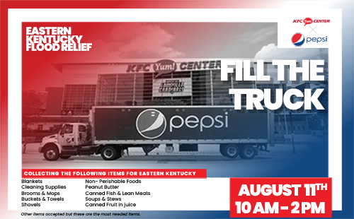 kfc_yumcenter's tweet photo. The KFC Yum! Center along with Pepsi is collecting items needed to help those who have been affected by the devastating floods in #EasternKentucky. Here's how you can help! https://t.co/NMw5i2ZE8F