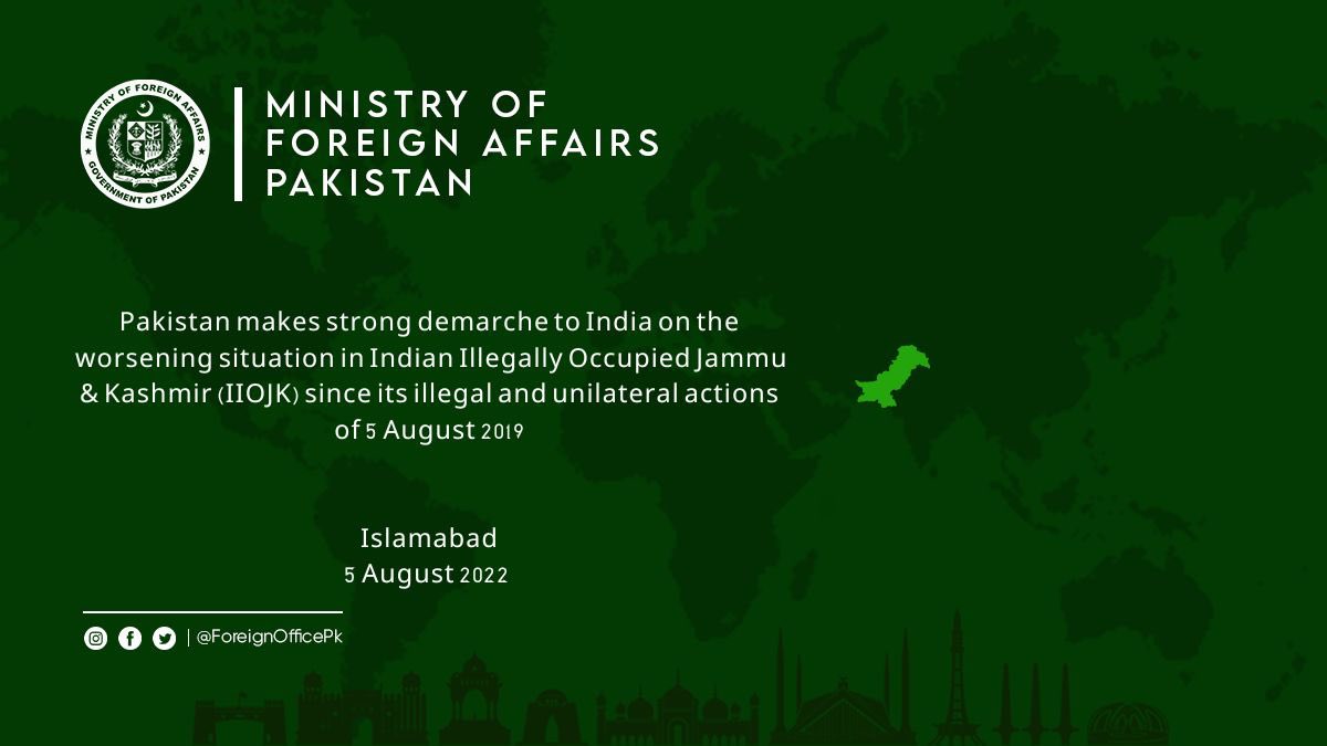 ForeignOfficePk's tweet photo. 🔊: PR NO. 3️⃣6️⃣3️⃣/2️⃣0️⃣2️⃣2️⃣

Pakistan makes strong demarche to India on the worsening situation in Indian Illegally Occupied Jammu &amp; Kashmir (IIOJK) since its illegal and unilateral actions of 5 August 2019

🔗⬇️

https://t.co/TBip11xNUN https://t.co/oA7ZoOSDm2