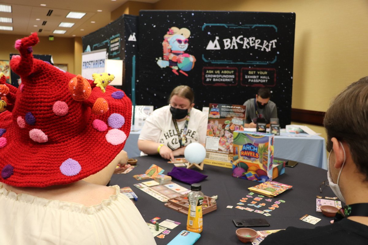 xyzgamelabs's tweet photo. First exposure playtest hall of ArchRavels: Magic Socks was a success. We’ll be here tomorrow from 10am-12pm at @BackerKit‘s table! 
•
#gencon #gencon2022 #knitting #crocheting #crowdfunding #archravels #magicsocks https://t.co/q3cptLSU5b