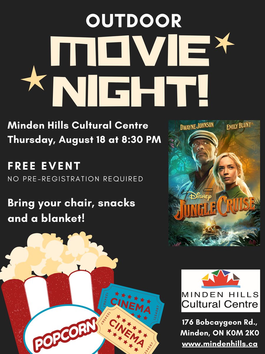 Minden Hills (@twpmindenhills) on Twitter photo Join us at the <a href="/MindenHillsCC/">MindenCulturalCentre</a> for our outdoor movie night on August 18, presenting the hilarious river adventure ‘Jungle Cruise’. Bring your chair, blanket and snacks! This is a free event, no pre-registration is required. This film is rated PG-13. #outdoormovie #mindenhills Join us at the <a href="/MindenHillsCC/">MindenCulturalCentre</a> for our outdoor movie night on August 18, presenting the hilarious river adventure ‘Jungle Cruise’. Bring your chair, blanket and snacks! This is a free event, no pre-registration is required. This film is rated PG-13. #outdoormovie #mindenhills