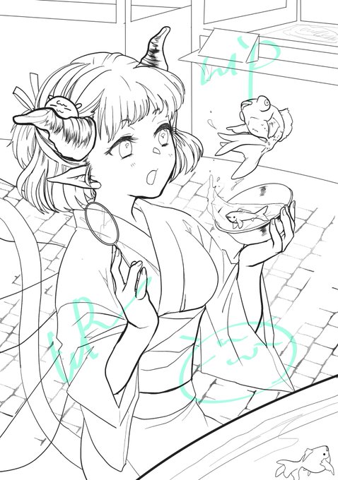 すぐwip載せるマン 線画でけたで。出目金でかすぎやけどこのままいくで 