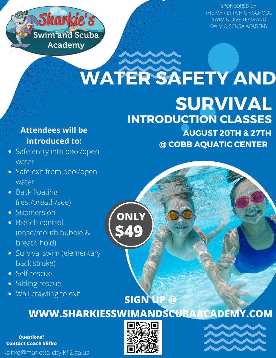 Join us for our first Water Safety and Survival clinic! Ages 6 months and up welcome. We have limited spots, so sign up with the QR code or link on the flyer today! <a href="/MariettaCitySch/">MariettaCitySchools</a> <a href="/MariettaGAhs/">Marietta High School</a> <a href="/mdjonline/">MDJ Online</a>