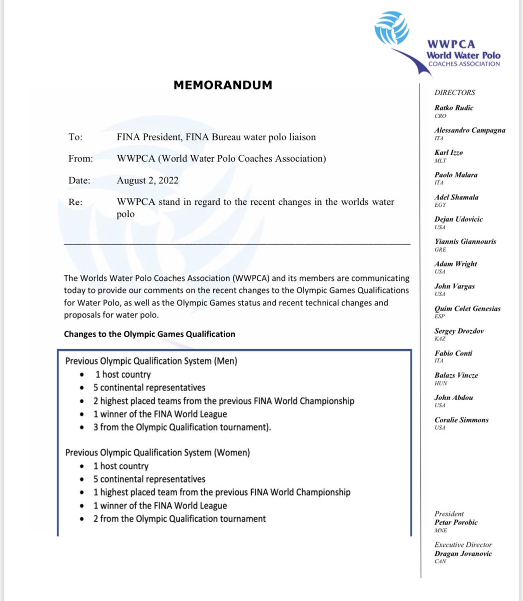 WwpCoach's tweet photo. In the light of the recent changes in the Olympic Qualification system and worlds #waterpolo, WWPCA is sending it's own and the recommendations stand to the @fina1908 and the #waterpolo community. https://t.co/KT9mQVpkYj