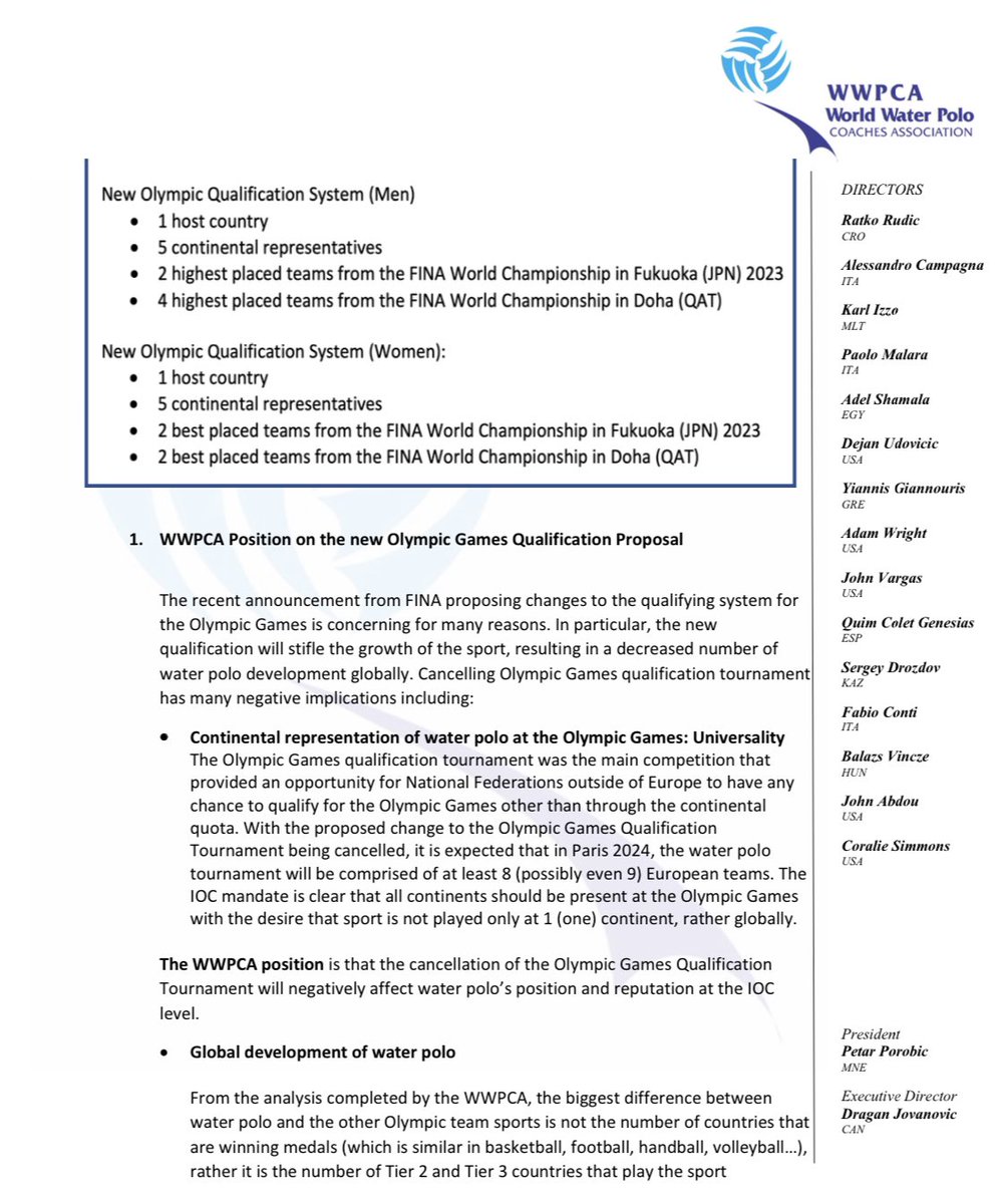 WwpCoach's tweet photo. In the light of the recent changes in the Olympic Qualification system and worlds #waterpolo, WWPCA is sending it's own and the recommendations stand to the @fina1908 and the #waterpolo community. https://t.co/KT9mQVpkYj