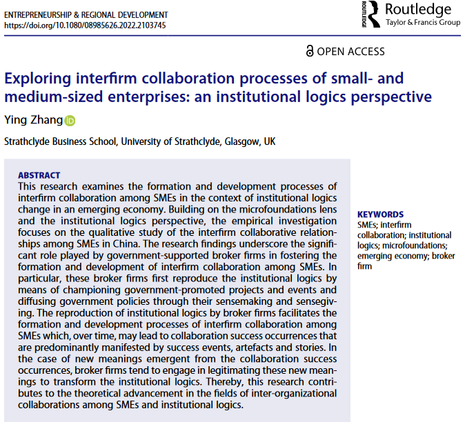 ERD_IntJournal's tweet photo. 📣 New article on line in @ERD_IntJournal
"Exploring interfirm collaboration processes of small- and medium-sized enterprises: an institutional logics perspective"
🖋 Ying Zhang from @StrathBusiness
#SMEs #interfirmcollaboration #microfoundations #emergingeconomy
#entresearch https://t.co/XdATlO4v3u