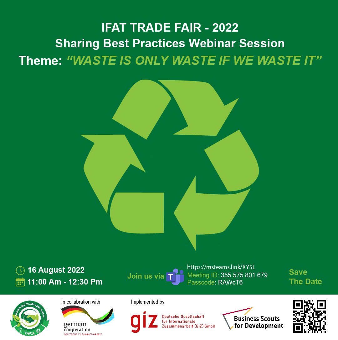 In collaboration with <a href="/giz_gmbh/">GIZ</a> 🇹🇿  #BusinessScoutsforDevelopment programme we will be hosting a hybrid webinar session on the best practices we gathered from <a href="/IFATworldwide/">IFAT worldwide</a> on Water, Sewage, Waste and Raw Materials Management. DO NOT MISS the chance to #Network and Learn.