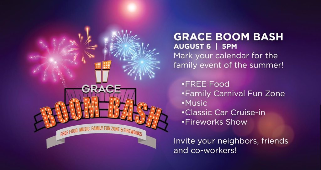 JOIN US THIS SATURDAY FOR FREE FUN, FOOD AND FIREWORKS! Grace Boom Bash is a FREE event with something for the whole family. The fun begins August 6 at 5pm.
-FREE Food 
-Family Carnival Fun Zone 
-Music
-Classic Car Cruise-in
-Fireworks Show by Pyro Shows
#Knoxville #events #fun