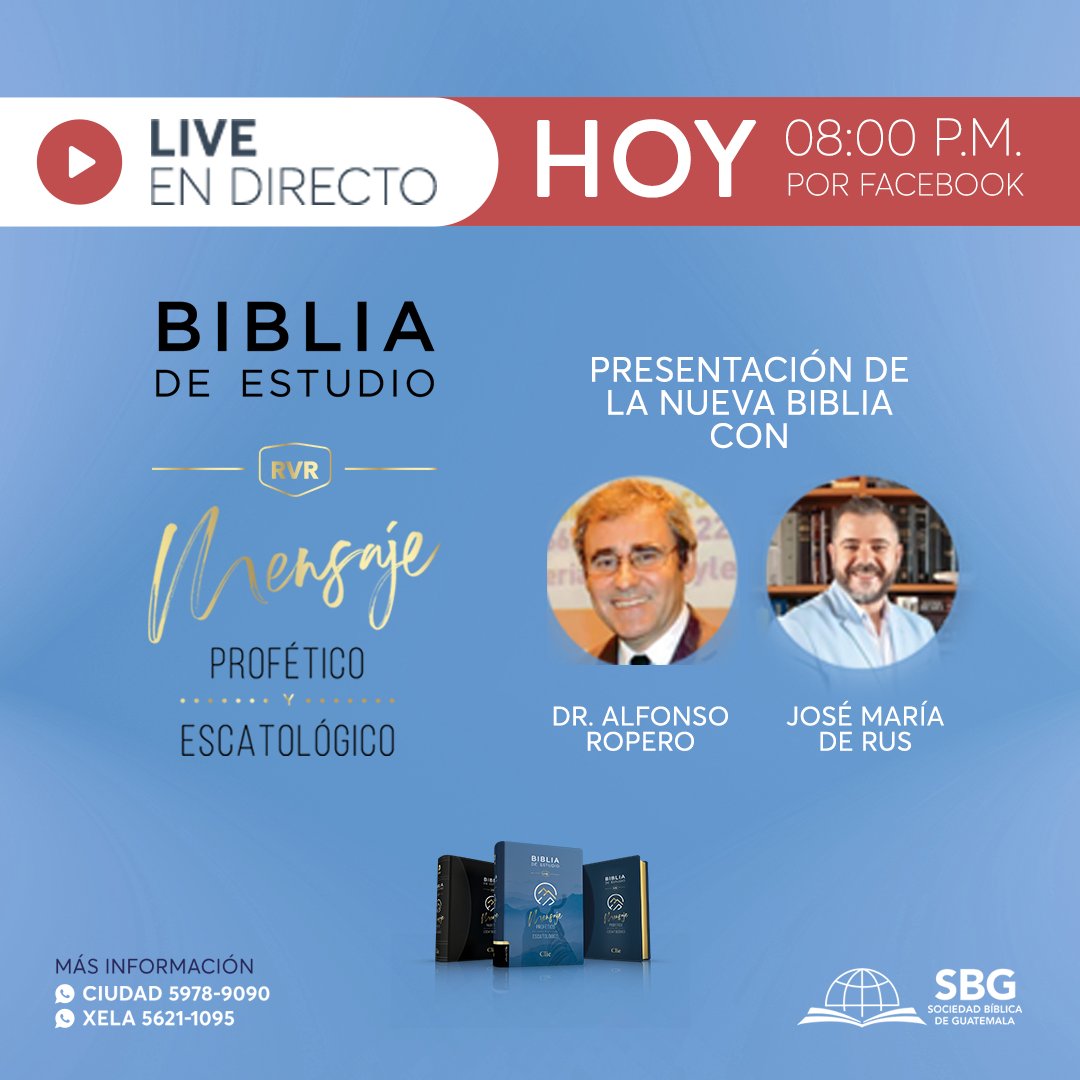 🎉 Hoy a las 8:00 de la noche, desde facebook.com/sociedadbiblic…
tendremos un live en directo presentando La Biblia de Estudio Mensaje Profético y Escatológico. 

Conéctate con nosotros y celebremos la bendición de tener acceso a la Palabra de Dios.

#SBG #Guatemala #FacebookLive
