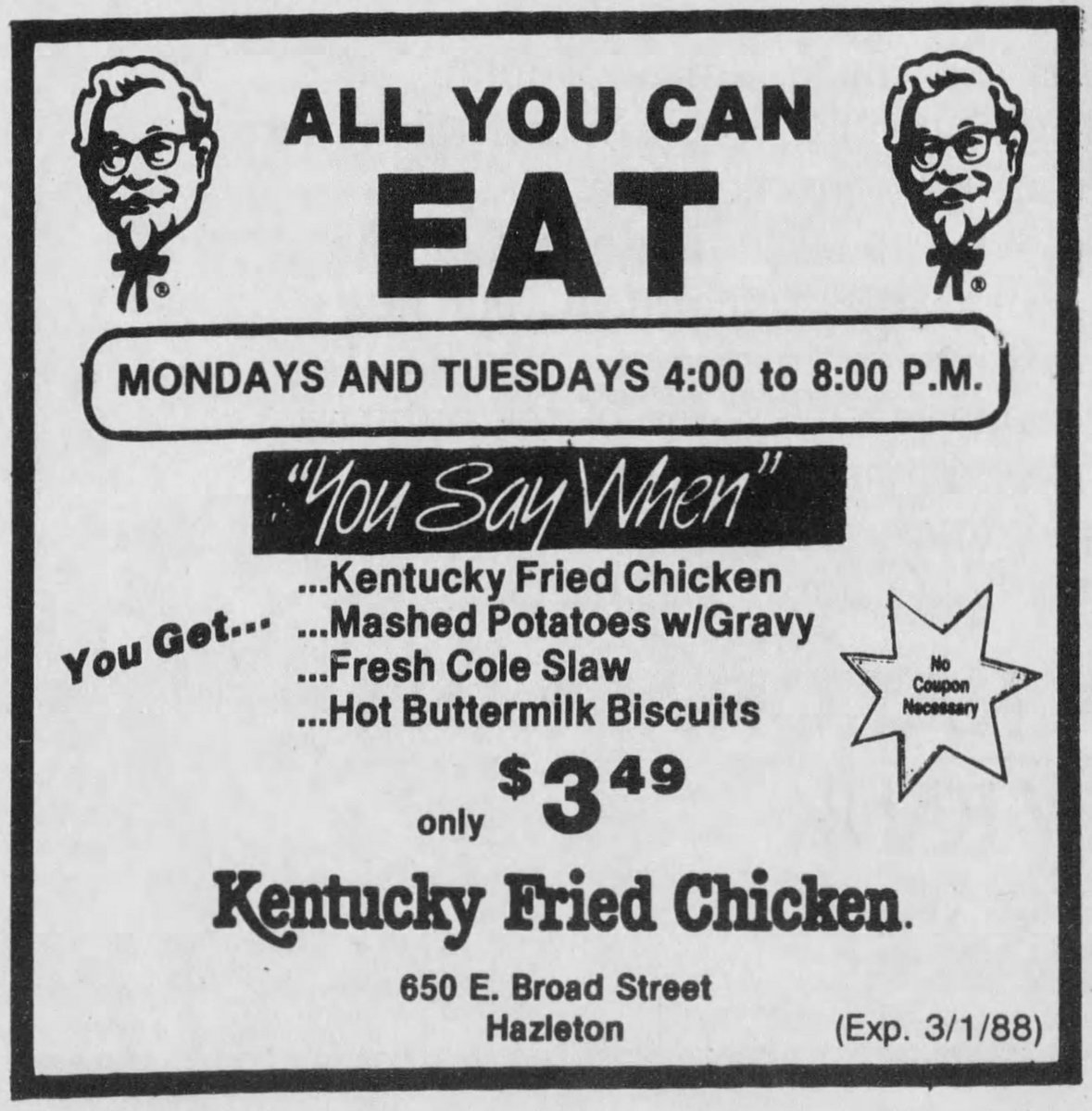 soylentstuff's tweet photo. Kentucky Fried Chicken
February 1, 1988 https://t.co/Nd8NXJ2Zzo
