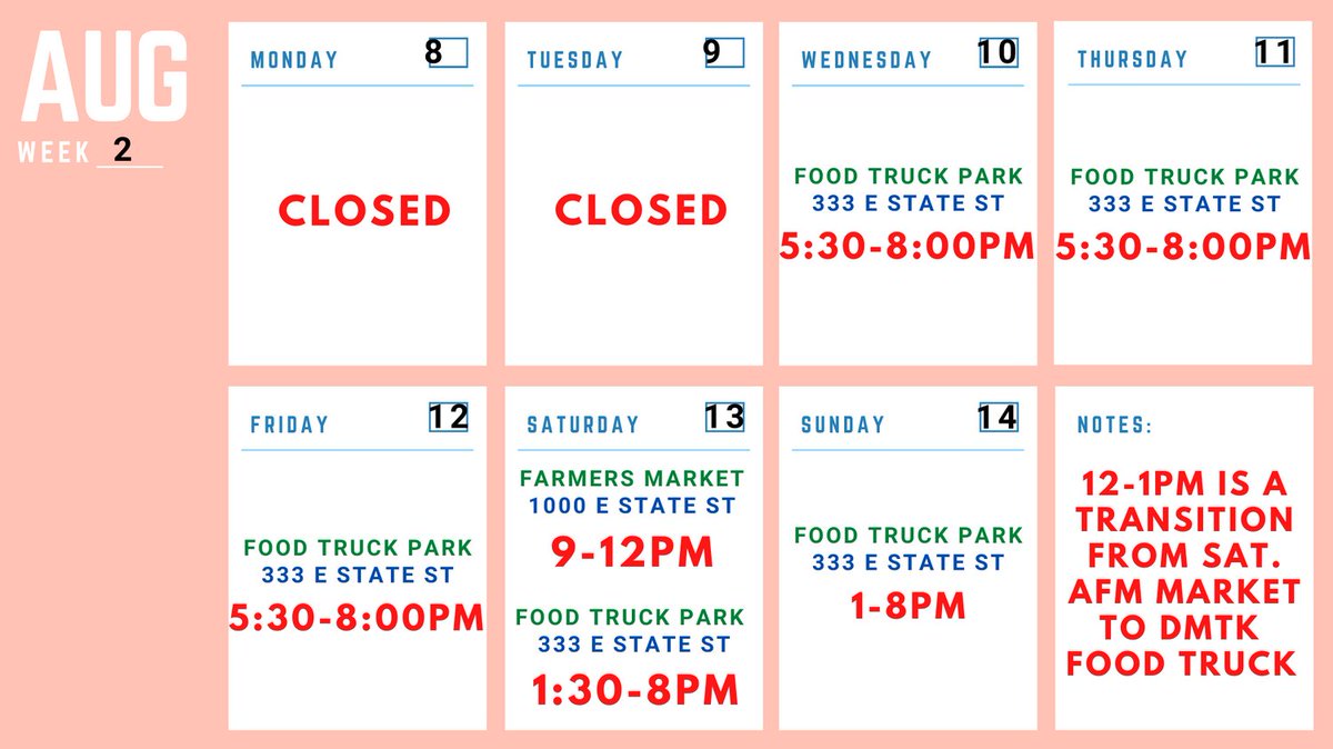 #DMTKFoodTruck #WeeklyScheduleUpdated
We are open tonight 7/5/22 5:30-8pm if weather permits. But there is no Athens Farmers Market on 7/6/22 as the DMTK food truck will be vending at the Hippie Fest in Logan until Sunday 7/7/22.#AthensOhio #OhioBobcats #HippieFestLoganOhio