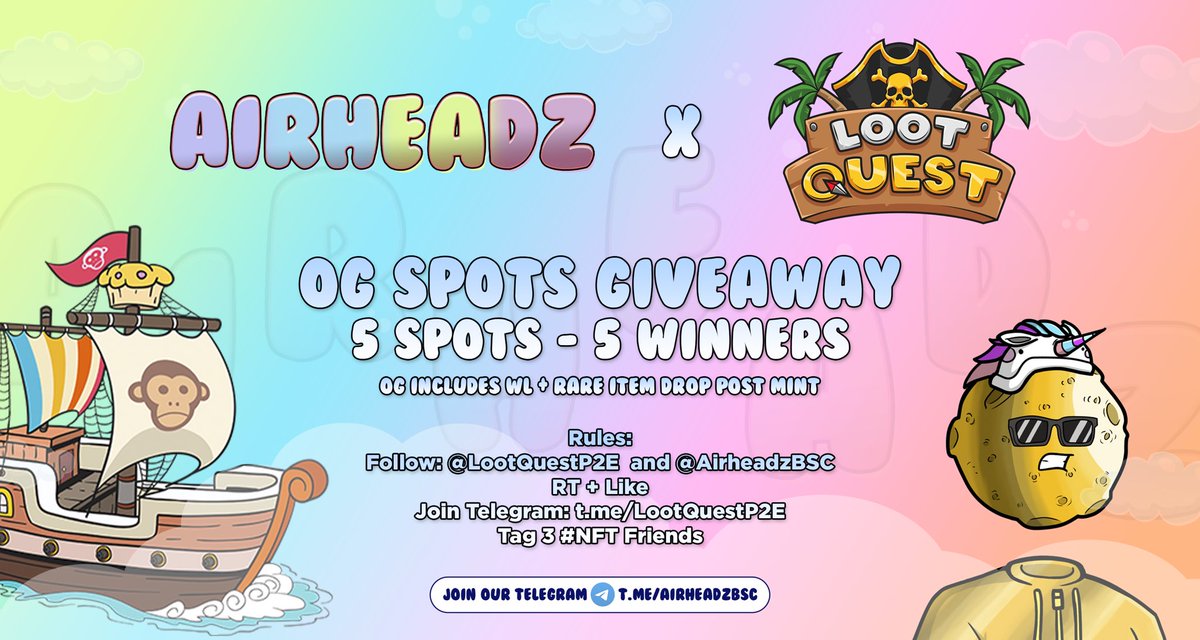 We’ve teamed up with <a href="/LootQuestP2E/">Loot Quest</a>  to give 5 OG spots!

To enter simply 

Follow <a href="/LootQuestP2E/">Loot Quest</a>
Like, RT, Tag 3 Friends 
Join: t.me/LootQuestP2E
