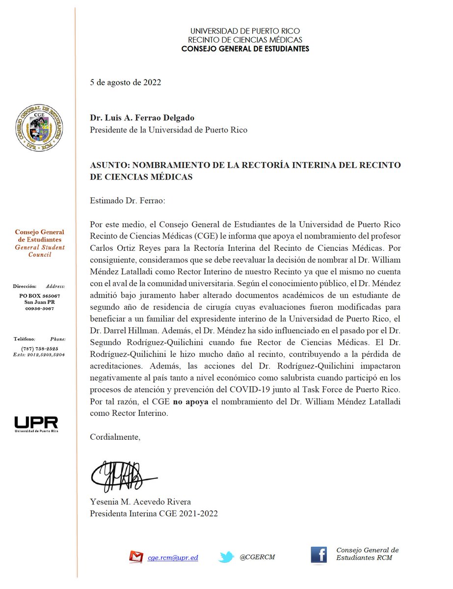 Estimada comunidad universitaria: 
Adjuntamos carta oficial dirigida al Dr. Luis A. Ferrao Delgado por parte del CGE con relación al nombramiento de la rectoría interina del Recinto de Ciencias Médicas.
Cordialmente,
CGE