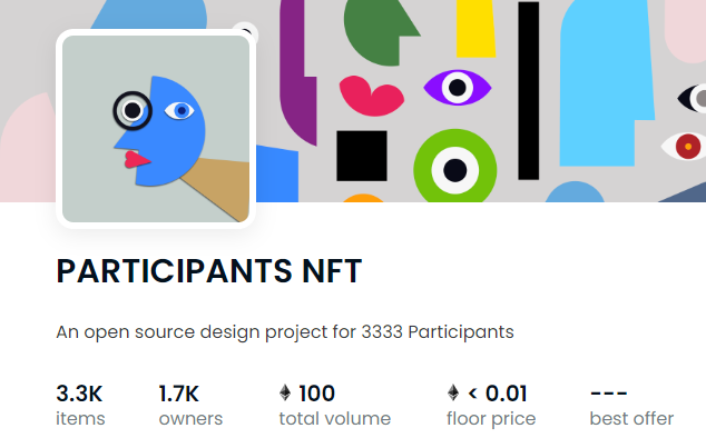 Congratulations to <a href="/ParticipantsNFT/">PARTICIPANTS cc0</a> on 100ETH in Volume!!!

I keep saying this but this project is underrated and the floor is insanely cheep right now for some reason! 

Check them out for some dope art.