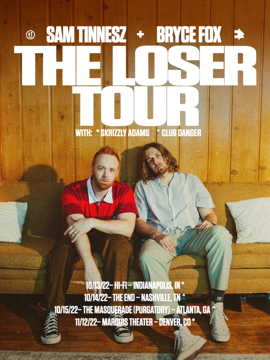 SamTinnesz's tweet photo. Surprise, we're hitting the road this fall! Tickets go on sale TODAY. Get ready, because with limited shows + limited capacity, they will sell out!! 🤘🏻🤓
10/13 - Indianapolis, IN
10/14 - Nashville, TN 
10/15 - Atlanta, GA 
11/12 - Denver, CO 

#SamTinnesz #BryceFox #TheLoserTour https://t.co/CSzDFIgbjh
