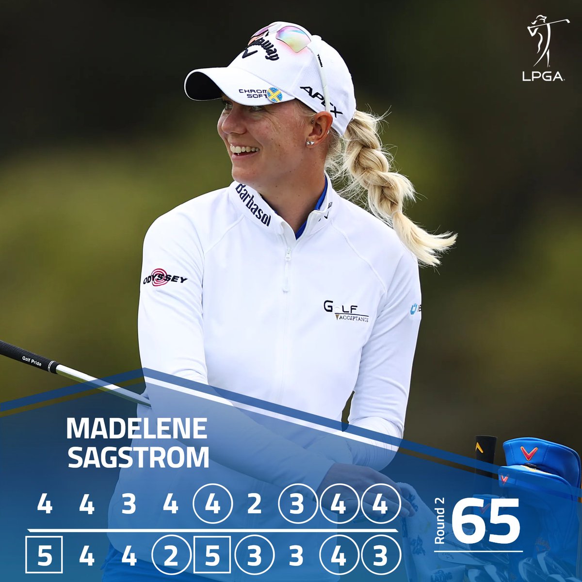 LPGA's tweet photo. Eight birdies on the day for @msagstrom ‼️

She's in the clubhouse at 7-under

Sagstrom finished T2 at last year's @AIGWomensOpen. https://t.co/5v8UEU70cr