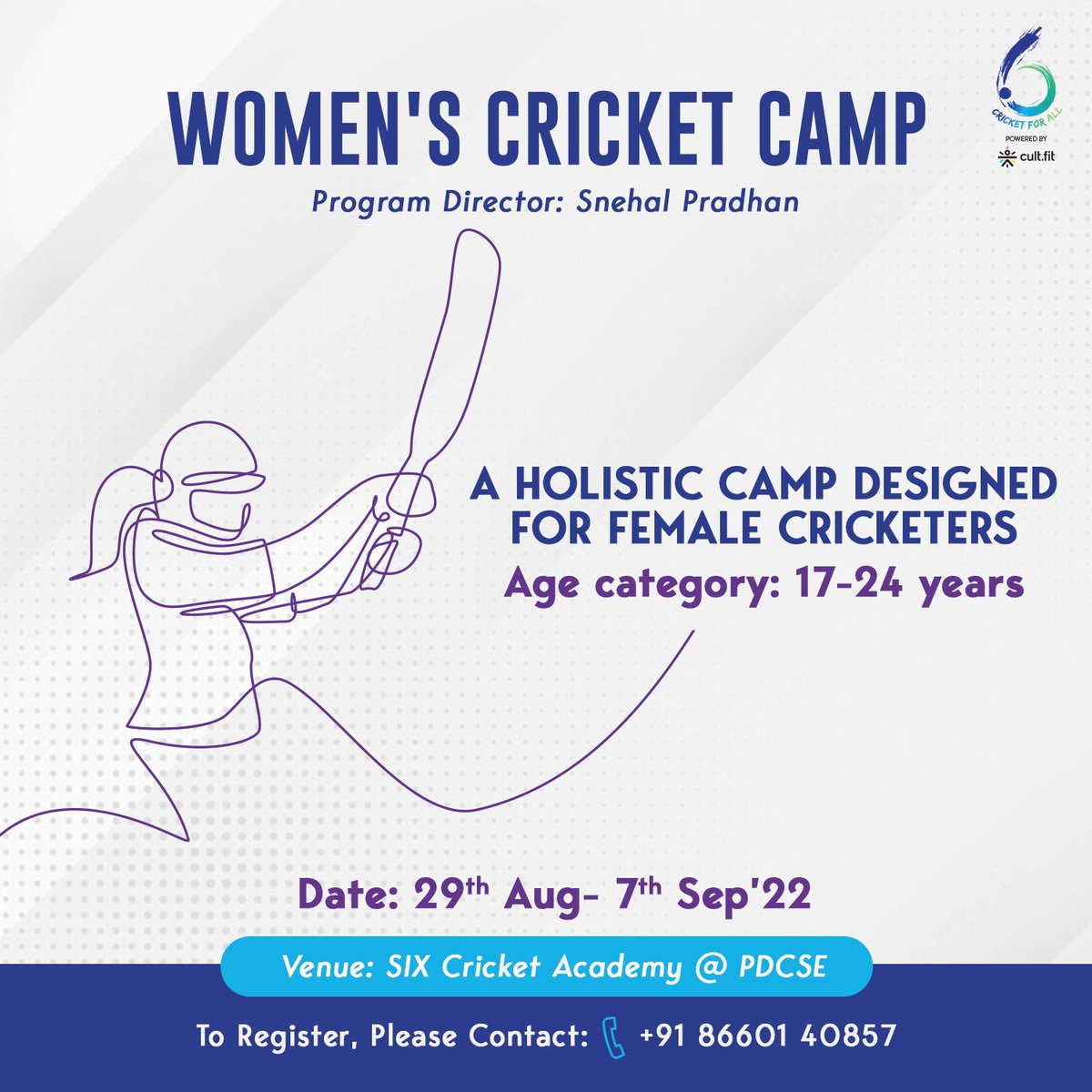 6crick's tweet photo. 𝗔𝗡𝗡𝗢𝗨𝗡𝗖𝗘𝗠𝗘𝗡𝗧 📣

We are elated to launch our first 𝙒𝙤𝙢𝙚𝙣'𝙨 𝘾𝙧𝙞𝙘𝙠𝙚𝙩 𝘾𝙖𝙢𝙥 at SIX. The program is designed by former Indian cricketer @SnehalPradhan for aspiring female cricketers. 

For more details, please reach out to us!
 @6crick @Sports_PDCSE https://t.co/o4IJkbCn9n