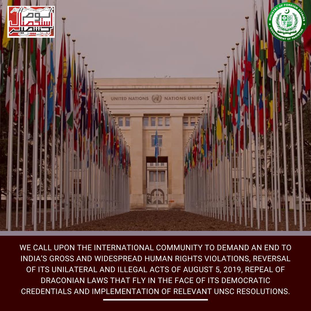 ForeignOfficePk's tweet photo. We call upon int’l community to ➖demand an end to India’s gross &amp; widespread HRVs
➖reversal of its unilateral &amp; illegal acts of Aug 5, 2019
➖repeal of draconian laws that fly in face of its democratic credentials &amp;
➖ implementation of relevant UNSCRs. 

#KashmiriLivesMatter https://t.co/HDhqkngGGa