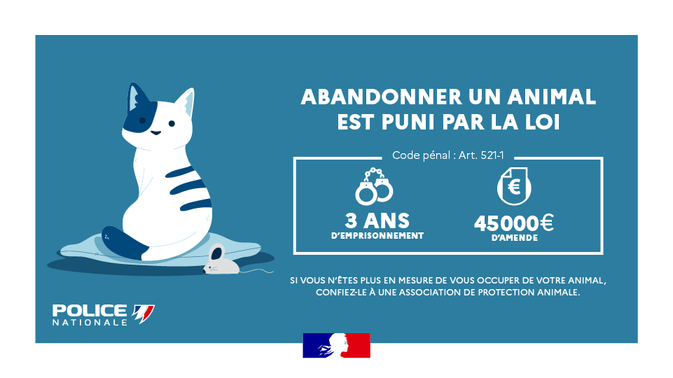 PoliceNationale's tweet photo. [#TousMobilisés] C'est la journée mondiale contre l'abandon des animaux de compagnie.
Abandonner un animal est un acte de maltraitance passible de 3 ans d'emprisonnement et de 45 000 € d'amende.
👀 Témoin d'un abandon ? Signalez-le sur ma https://t.co/ckpF7kna4X https://t.co/URlyLDxine