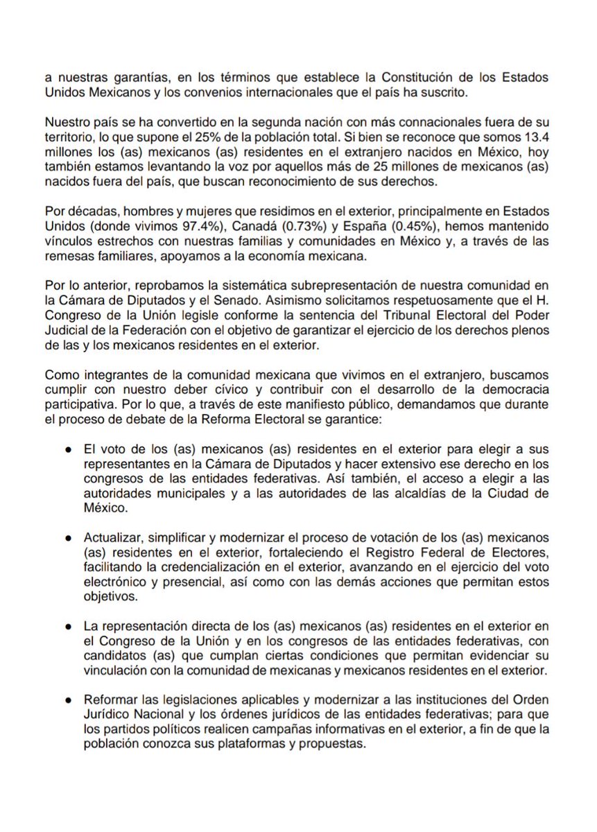 PorDerechosMex's tweet photo. #ULTIMAHORA Los Mexicanos Residentes en el Exterior damos a conocer este MANIFIESTO de cara a la Reforma Electoral para que se respeten nuestros derechos políticos. EXIGIMOS al @Mex_Diputados nos escuche #ReformaElectoralConMigrantes #MexicanosResidentesenelExterior #UnSoloMéxico https://t.co/XVyXo97WMs