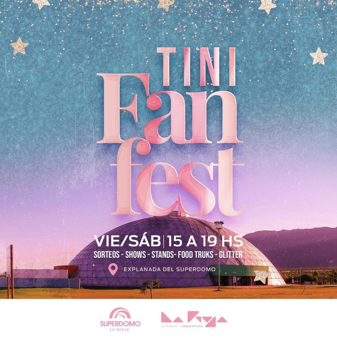 TINIENVIVOTOUR's tweet photo. 📣 The TINI Fan Fest is planned at the Superdomo in La Rioja today and tomorrow from 3PM to 7PM (🇦🇷).
✨ Contests, music, glitter stands, shows, food truks… Don’t miss it !
#TINITOUR2022 #TINITour #TINITourLaRioja #TINIFanFest https://t.co/AEcZHLR6UG