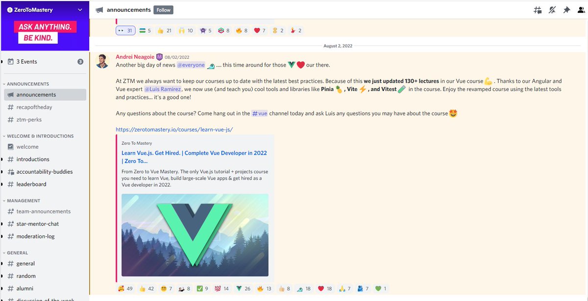 zerotomasteryio's tweet photo. Stop learning from outdated #VueJS tutorials!

@VanillaJSDev just updated 130+ lectures in his #VueJS course on #ZTM 🔥

We now use &amp; teach you cool tools and libraries like #Pinia 🍍, #Vite ⚡, #Vitest 🧪

Check it out: https://t.co/IbFHBEM61c

#LearnWithZTM #BuiltDifferent https://t.co/q95CNhBsBU