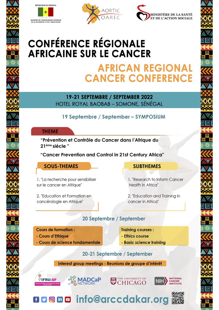 AORTIC_AFRICA's tweet photo. Registration is open for the African Regional Cancer Conference (ARCC 2022), in-person, in Senegal.  Now is your opportunity to again meet old friends and make new ones!  We have an exciting programme lined up - here: 👇
https://t.co/OUjC7h5x5P
#cancerresearch
#africanscientists https://t.co/dEZET2cIAs