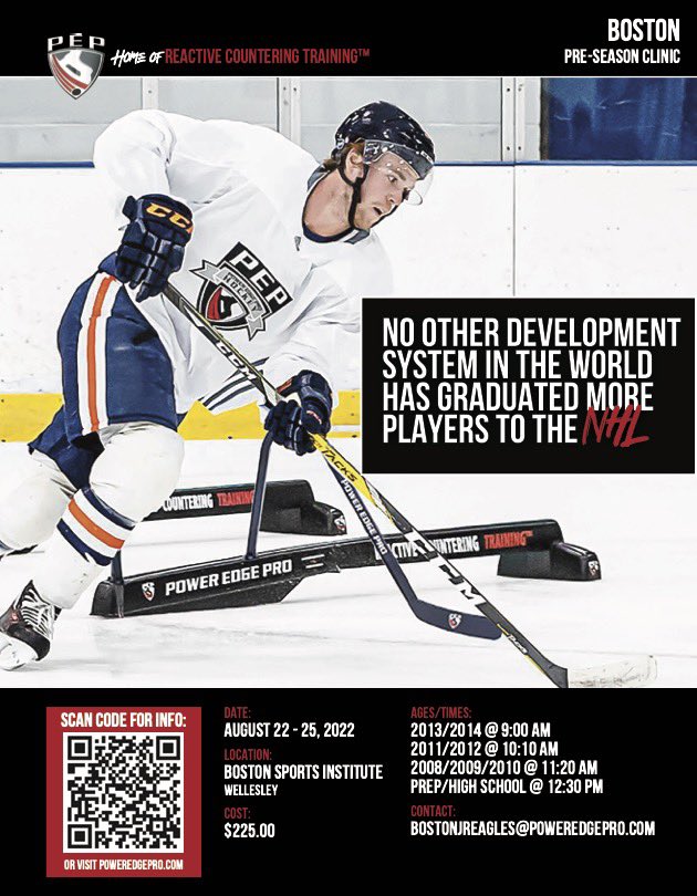BostonJrEagles's tweet photo. Get ready for your season with our 4-day @PEPHockey clinic beginning August 22 in Wellesley! To register, Use QR code on flyer or visit https://t.co/m8R9VL5tBi
#Boston #PEPHockey #ReactiveCountering https://t.co/zxgDauizm2