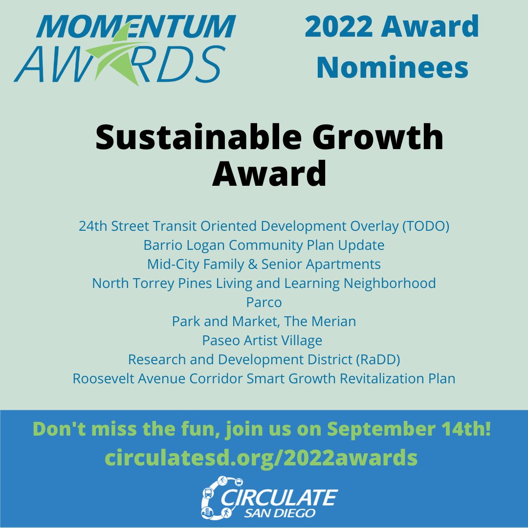 CirculateSD's tweet photo. Look at all these development projects making San Diego a better place to live, work, and move around - congrats on your nomination for a Sustainable Growth #MomentumAward! https://t.co/EyEJyX7XoE