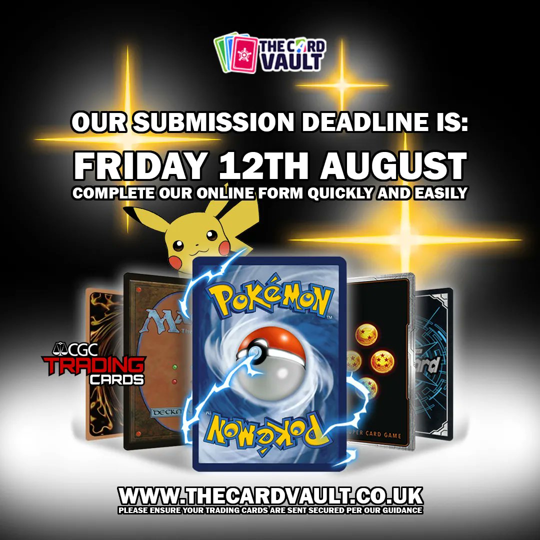TheCardVaultUK's tweet photo. Our CGC submission deadline is just one week away!
10% off our August submission
Why not complete our online form at https://t.co/GUEMtGSCHl
#Grading #Grade #TCG #TradingCardGame #Pokemon #Yugioh #DragonballSuper #MagictheGathering #WeissScwartz #Digimon #CGC #CGCTradingCards https://t.co/ZIFb8IlUoR