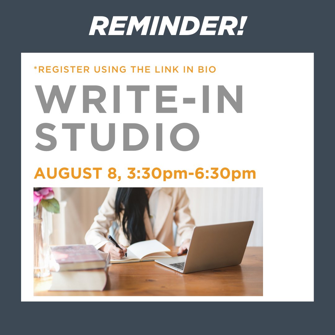CguCwr's tweet photo. Reminder! Attend the CWR's Write-In Studio on August 8th from 3:30pm - 6:30pm!⁠
⁠
These sessions offer accountability and guided work blocks with a facilitated discussion about different aspects of writing in graduate school.
⁠
#cgucwr #writing #write https://t.co/MwuWjBZCdA