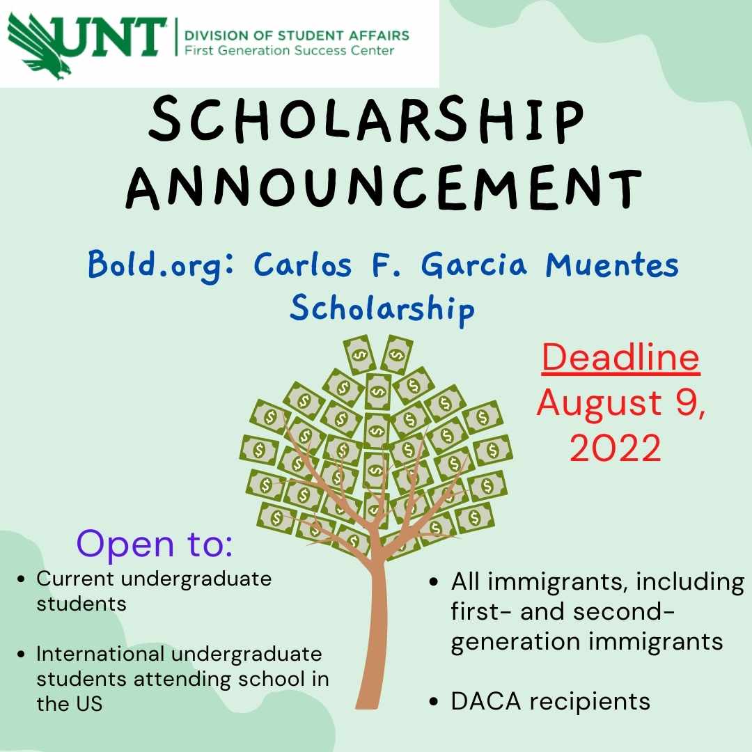 Happy Friday, eagles! 

The Carlos F. Garcia Muentes Scholarship is open until August 9th.

As always, the link to apply is in our Bio.
#unt #untfirstgen #unt23 #unt24 #unt25 #unt26