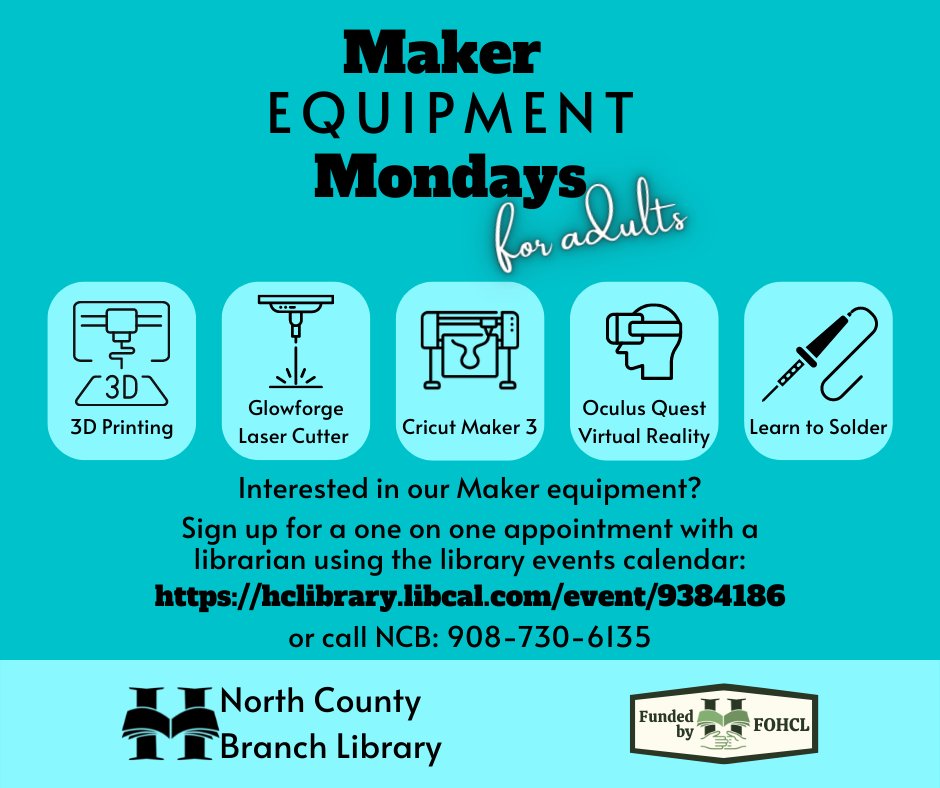 Interested in learning how to use the Glowforge Laser Cutter, Cricut Maker 3, 3D printer or soldering? Book a 1 on 1 appointment to discover the equipment available at the North County Branch Library!  Book at hclibrary.libcal.com/calendar/maker… or call 908-730-6135. #HunterdonCounty