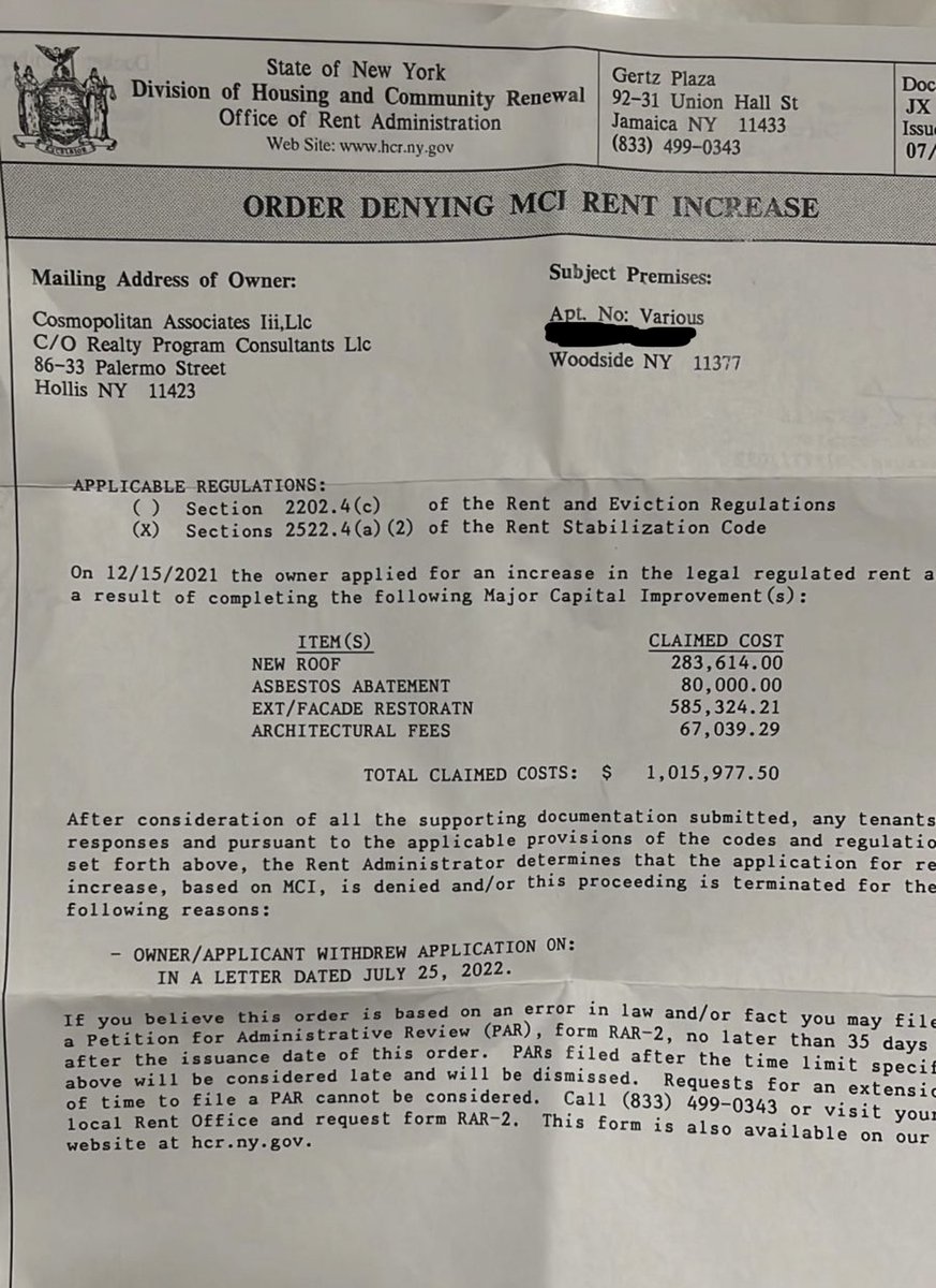 THERE YOU GO!!!! Minus $1,015,000 that thanks to the efforts of <a href="/COSMOPOLITANTE3/">Cosmopolitan Tenant</a> the landlord is not going to received and the tenants are not going to pay. Proud of you all BIG VICTORY! <a href="/SenGianaris/">Sen. Mike Gianaris</a> @JuanArdilaNYC #nomoremcis