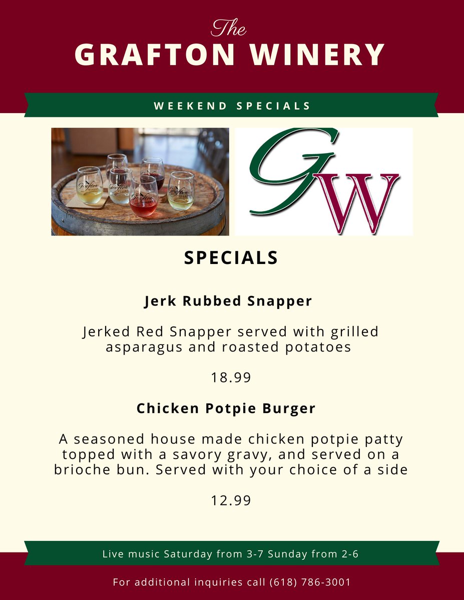 Weekend specials at our Downtown Grafton location! Live music Saturday from 3-7pm with Rockabilly, and then 2-5pm Sunday with the Strangers!