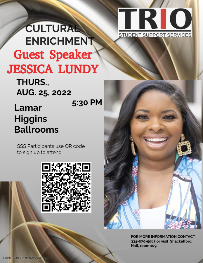 TroyMain_SSS's tweet photo. 1st Cultural Enrichment for Fall 22.  Troy Univ SSS welcomes Jessica Lundy!!!! https://t.co/h6fKcA3oj2