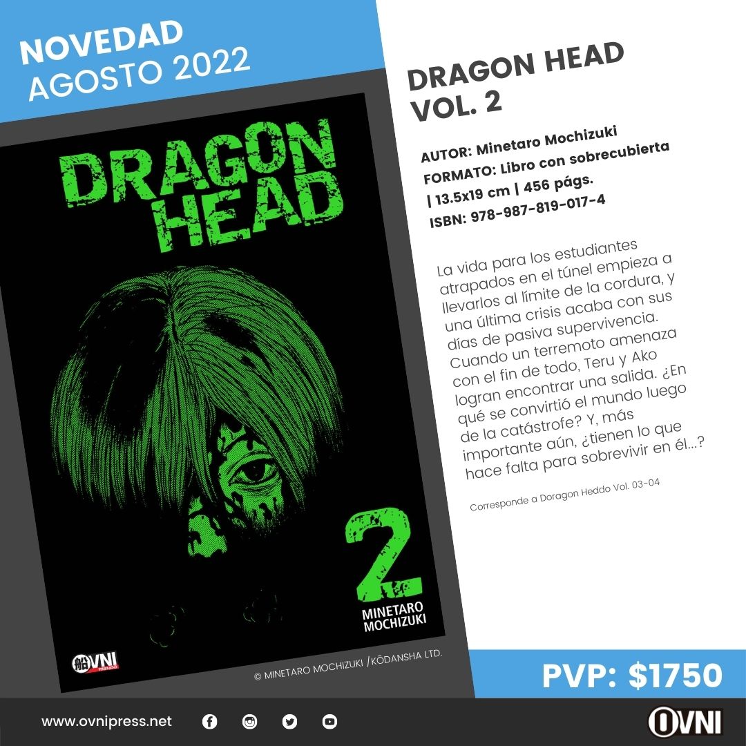 ovnimanga's tweet photo. [ADELANTO] ¡EL VIERNES 12 DE AGOSTO llega a las tiendas DRAGON HEAD VOL. 2! ¡Encargalo ya en tu tienda amiga! 😎 #OvniManga #MinetaroMochizuki #DragonHead #NuevaSerie #Mangas https://t.co/hN0qloM0tS
