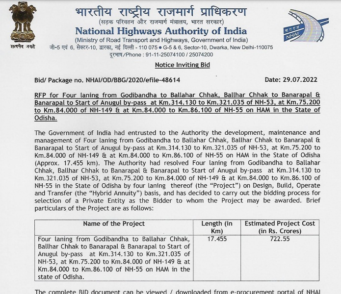CitizenOdisha's tweet photo. New 4 lanning work of #NHAI in #Angul ! Tender for road widening of 17.455 km length on #NH53 #NH149 & #NH55 starting from Godibandh to start of #Angul bypass (banarpal) on #NH55. Project cost a whopping Rs. 722.55 cr ! https://t.co/XTIbKrDs0L