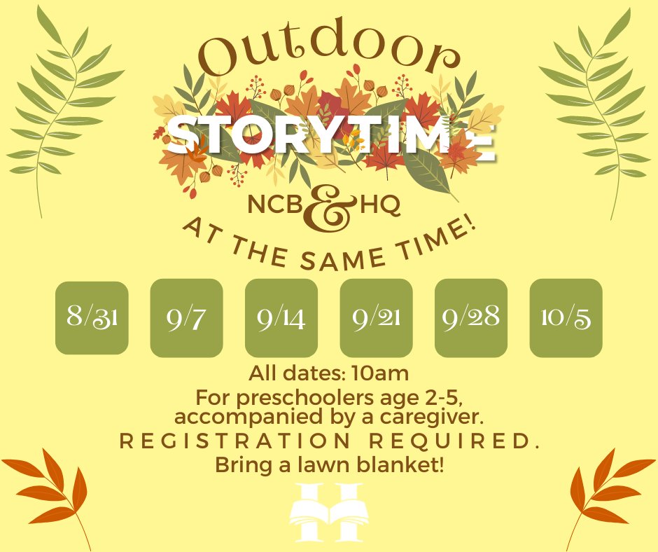 Kids 2-5 years old and their caregivers are invited to join us for Outdoor Storytime, starting on 8/31 at 10am at Both HQ and NCB! Register to reserve your spot at bit.ly/Storytime_HCLS or call 908-730-6135. #HunterdonCounty