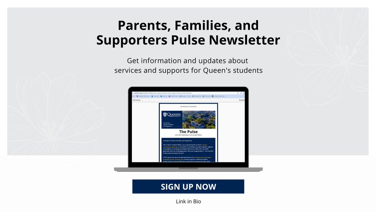 Queen's Student Affairs (@vpdeantierney) on Twitter photo Parents, families, and supporters – Sign up for your monthly e-newsletter to get information and updates about services and supports for Queen's students. <a href="/queensu/">Queen's University</a> bit.ly/31SDkLz Parents, families, and supporters – Sign up for your monthly e-newsletter to get information and updates about services and supports for Queen's students. <a href="/queensu/">Queen's University</a> bit.ly/31SDkLz