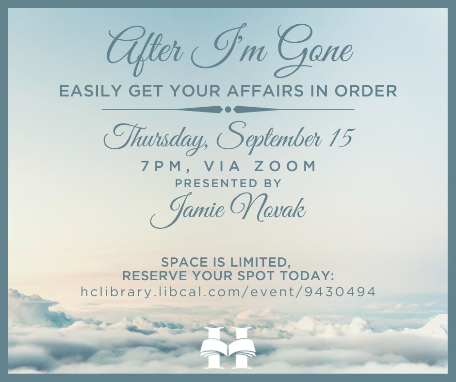 If you haven’t put together your final wishes, then join author and expert organizing humorist Jamie Novak for steps to take to give yourself the peace-of-mind that comes with being prepared. Register at hclibrary.libcal.com/event/9430494 or call 908-730-6135. #HunterdonCounty