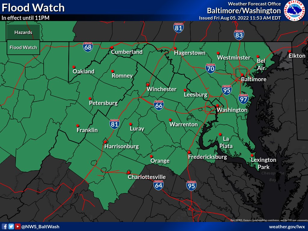 NWS_BaltWash's tweet photo. A Flood Watch has been issued for the entire area (excluding Cecil County), in effect through this evening. Localized heavy rainfall in these areas may cause rapid rises in creeks and streams, as well as  urban flash flooding. #DCwx #MDwx #VAwx #WVwx https://t.co/M8CtXPr7wS