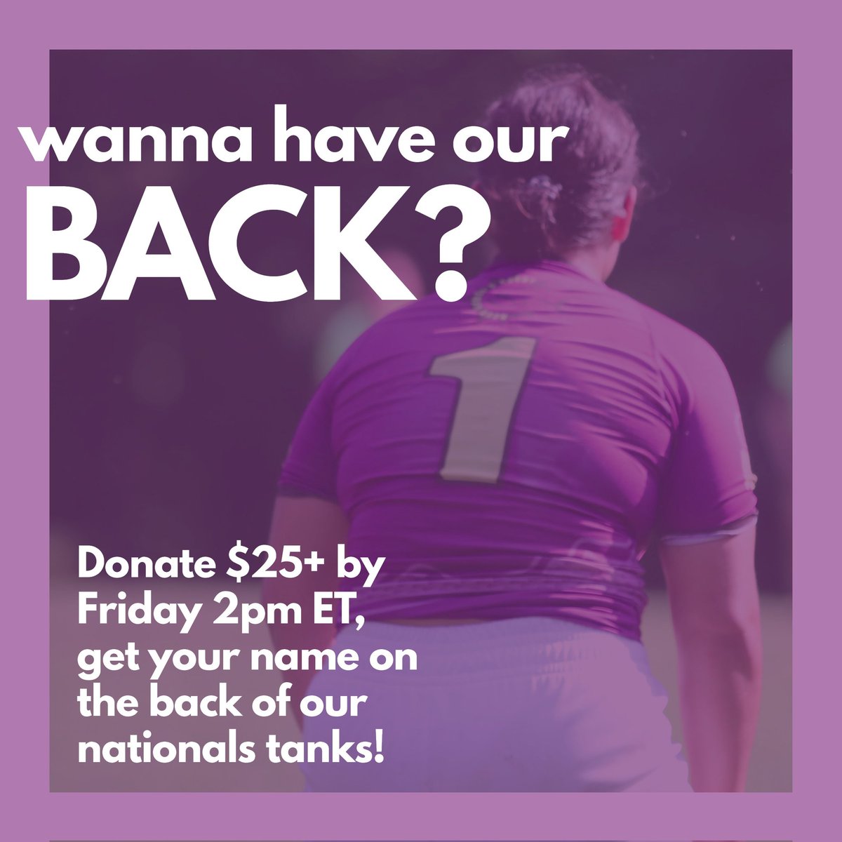 🚨LESS THAN TWO HOURS LEFT TO GET YOUR NAME ON THE BACK OF OUR TANKS🚨

Please send your donations via Zelle to novawrfctreasurer@gmail.com OR venmo @NOVAwomensrugby. We can't wait to represent you on the national stage!