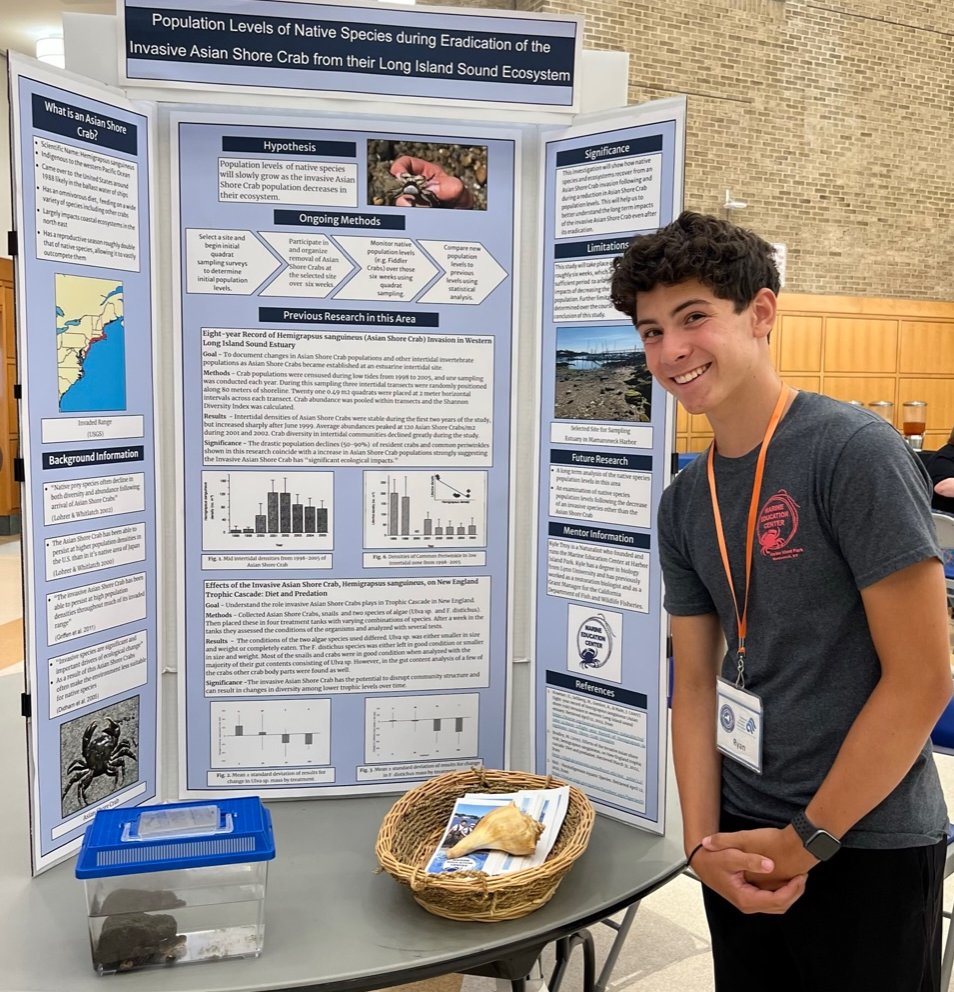 LISStudy's tweet photo. Congratulations to Ryan Fernandez on presenting his student research project at the conference for @NatlMarineEd last month. Ryan, a student at @MamaroneckED, studied invasive Asian shore crabs and their impact on Long Island Sound ecosystems. #sciencereseach #crabs #soundscience https://t.co/aBAUht9CE9
