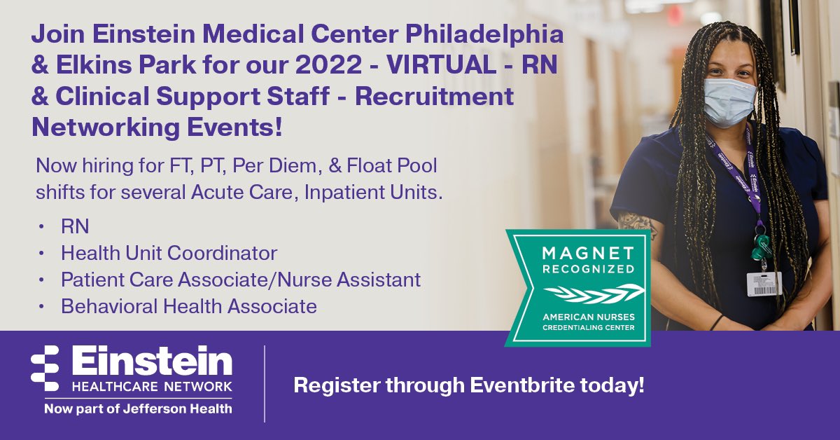 EinsteinJobs's tweet photo. Einstein Recruitment is hosting its next RN - Virtual Hiring Event 
for RN positions!   
 
8/11/22 
11 AM - 1 PM 
 
Einstein Philadelphia &amp; Einstein Elkins Park is currently hiring FT, PT, PRN &amp; Float Pool RNs for several Inpatient units!

Register through Eventbrite today! https://t.co/1SPbn6VrFE