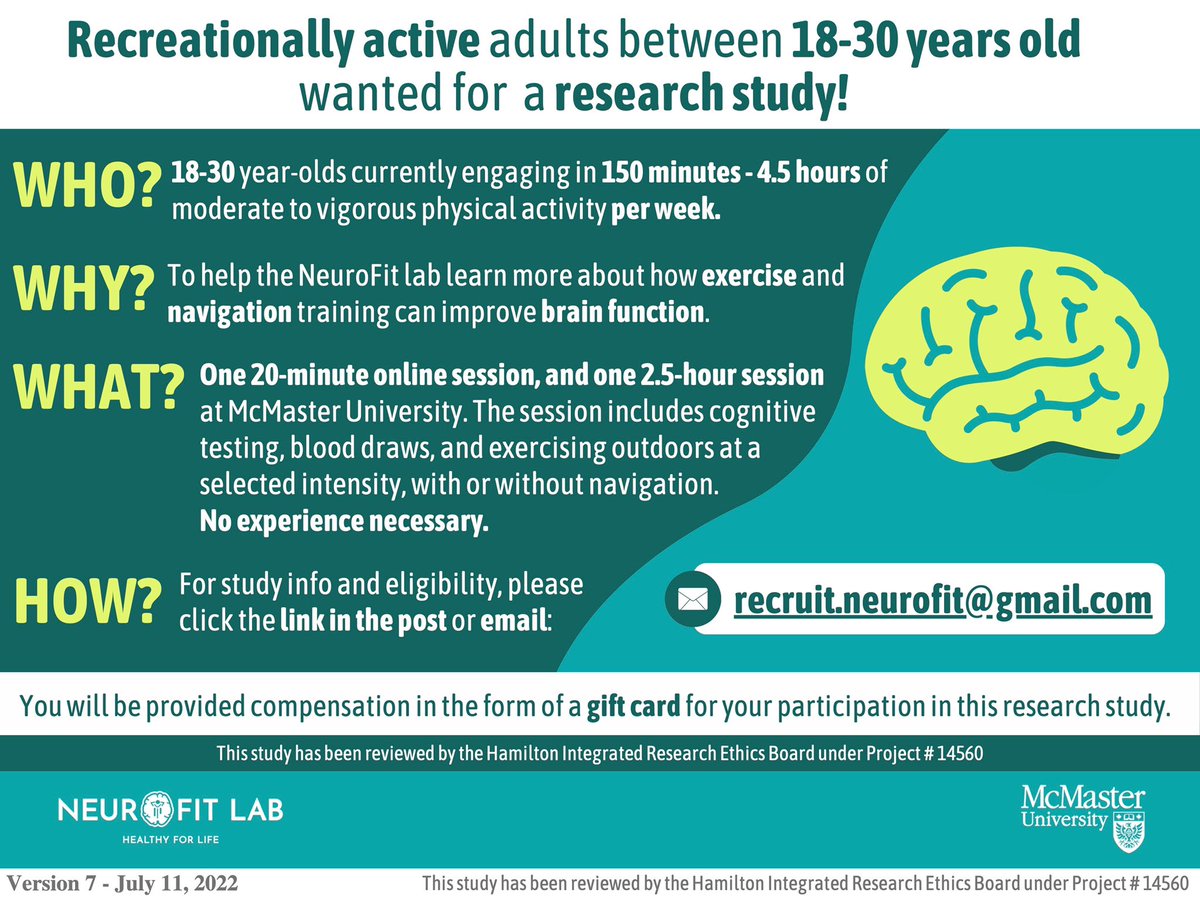 Michelle Ogrodnik, PhD (@michelleogrod) on Twitter photo McMaster’s NeuroFit lab is recruiting recreationally active young adults for a research study - check out the link below for more information and email recruit.neurofit@gmail.com if interested!
bit.ly/3JBKzts McMaster’s NeuroFit lab is recruiting recreationally active young adults for a research study - check out the link below for more information and email recruit.neurofit@gmail.com if interested!
bit.ly/3JBKzts