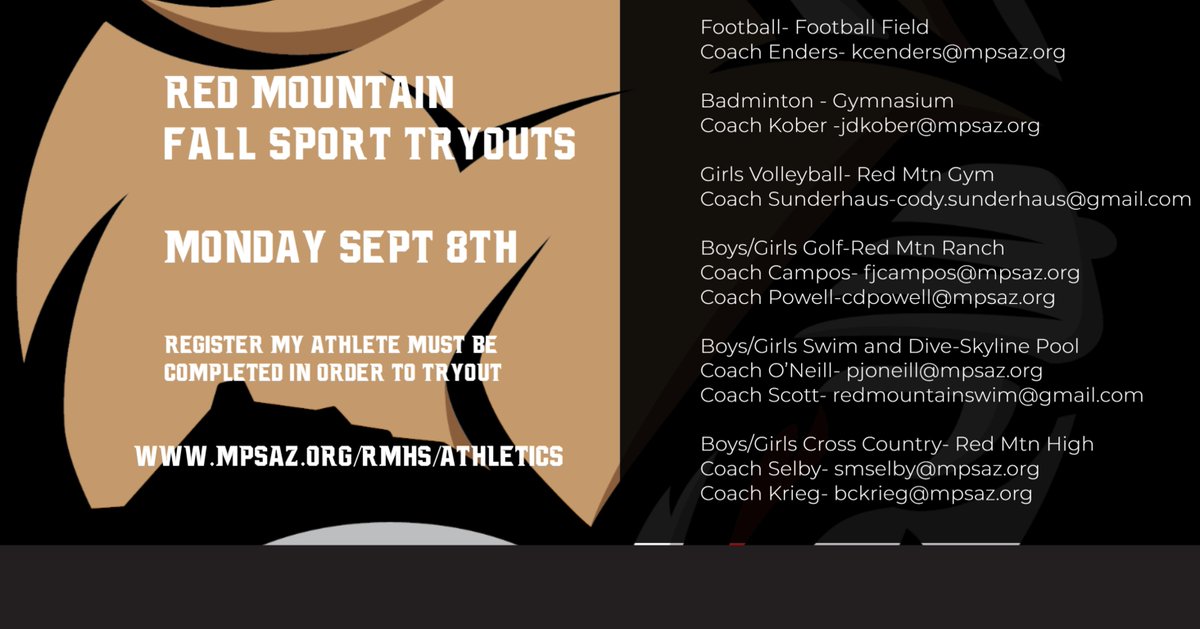 RMAthletics's tweet image. Red Mtn Athletes: FALL TRYOUTS MONDAY, AUG 8TH. Email the coach of the sport you are interested in. Come be  a part of the Red Mt Athletic Family!
You must be cleared on Register My Athlete and have an updated physical to tryout. ow.ly/ZQAb50KcIcu